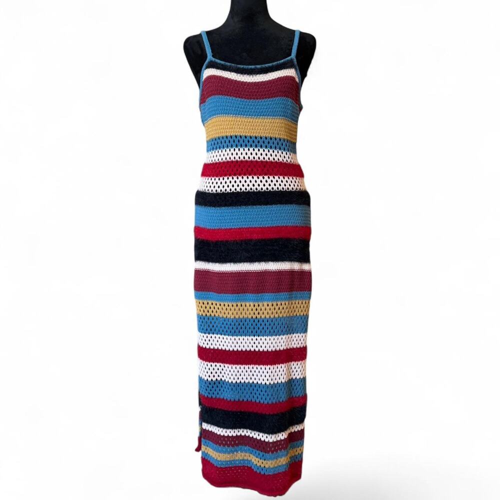 Striped Crochet Maxi Dress – Boho Fuzzy Knit M